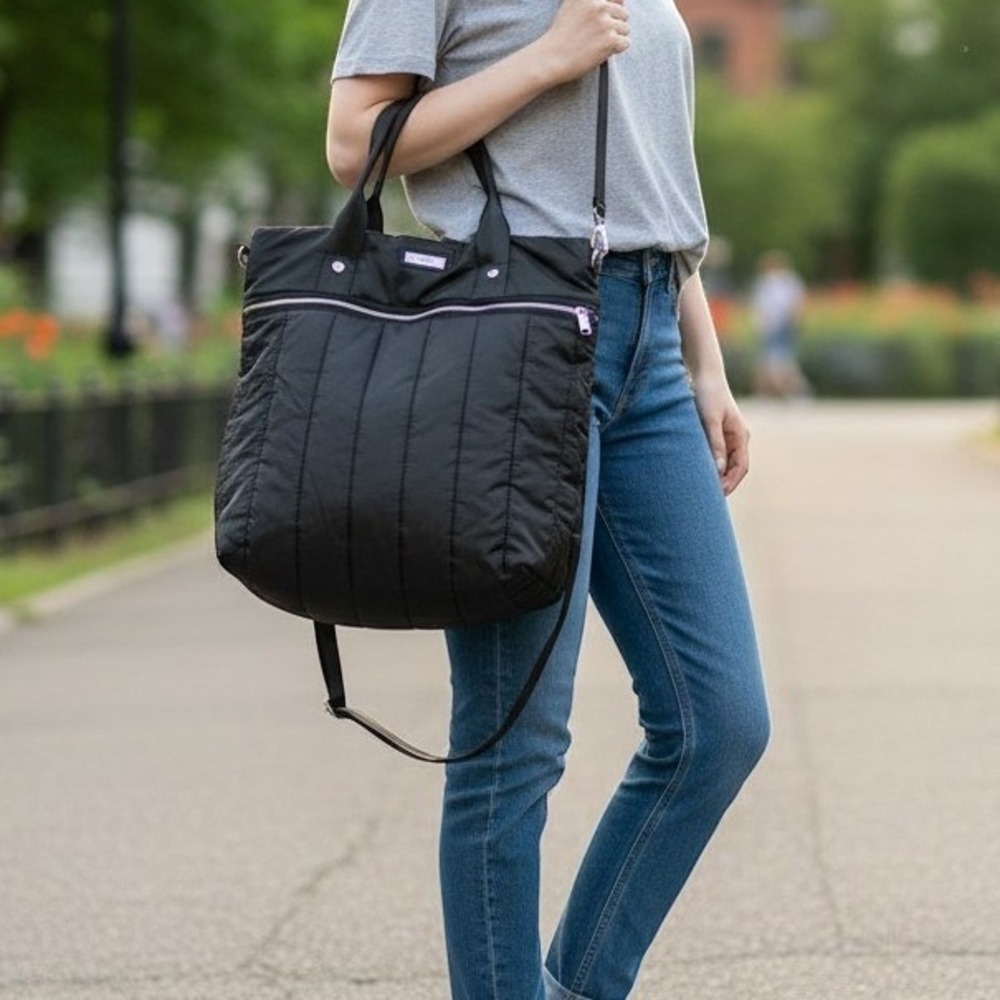Zella Quilted Puffer Tote Bag Womens One Size Black Nylon Crossbody Gym Travel
